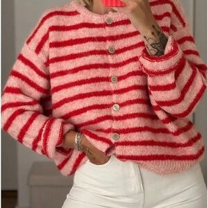 Cozy Striped Button-Up Sweater Cardigan in Pink & Red